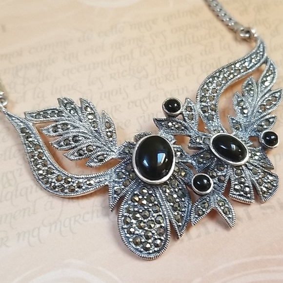 Vintage Art Deco 1920s Sterling Silver Onyx and Marcasite Statement Necklace - Picture 3 of 16
